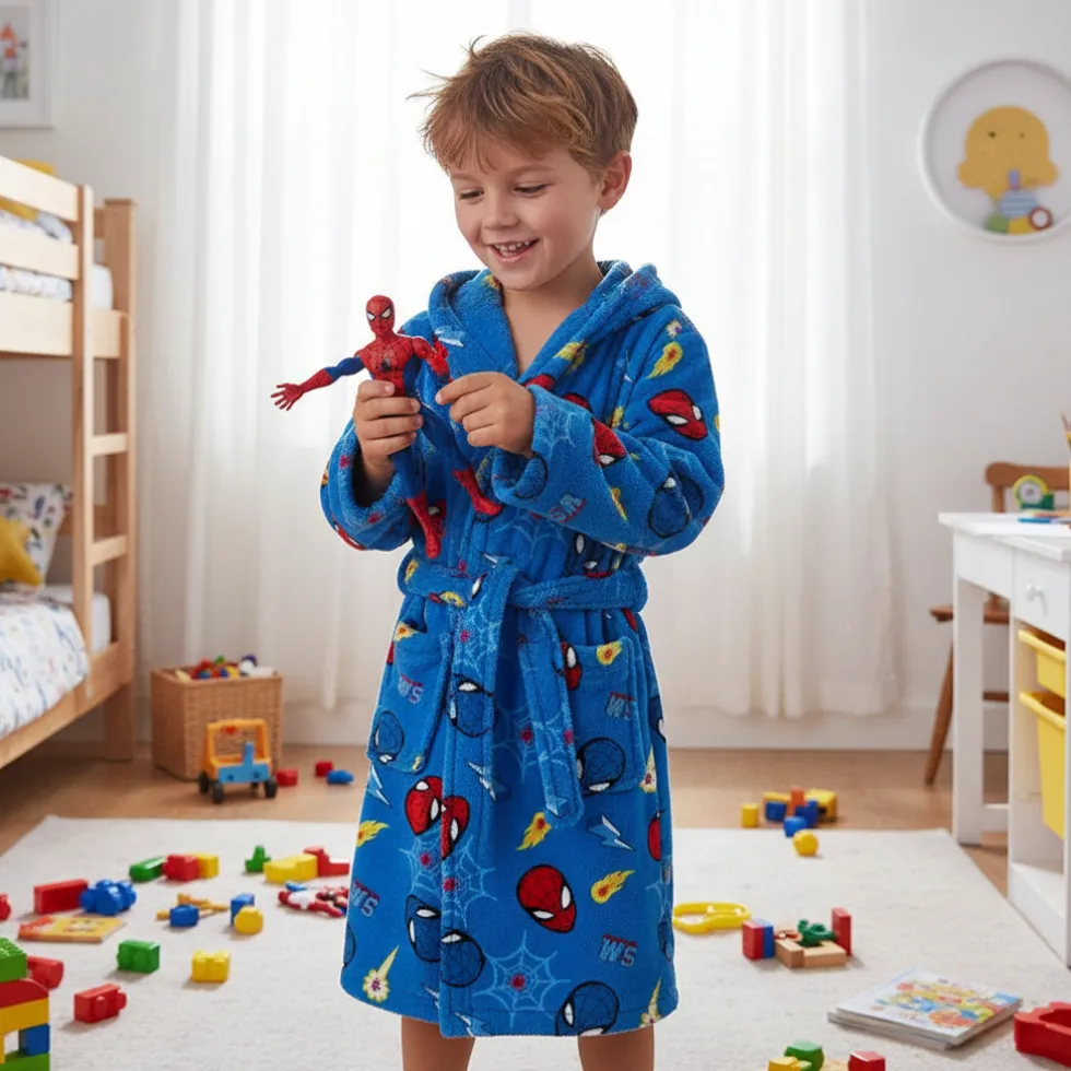 Accappatoio bambino in spugna con cappuccio Marvel SpiderMan blu