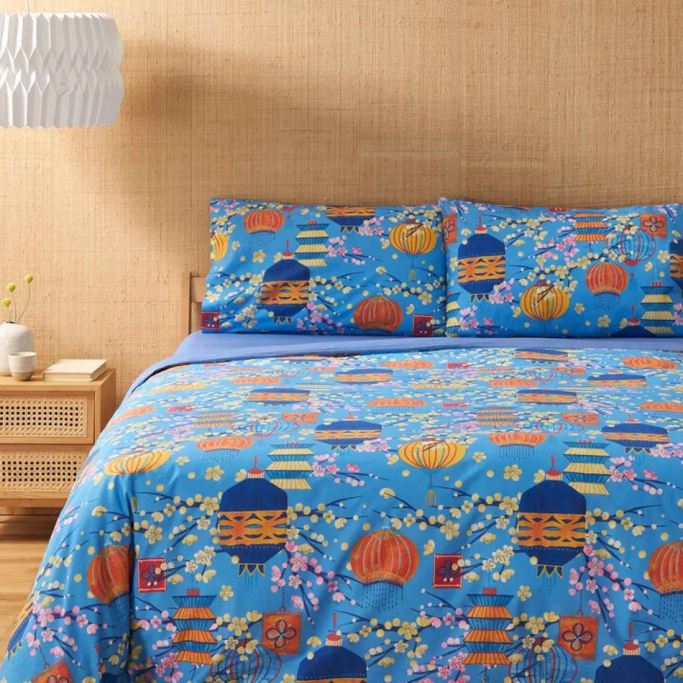 Bassetti completo copripiumino matrimoniale Koyoto azzurro doubleface
