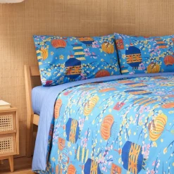 Bassetti completo copripiumino matrimoniale Koyoto azzurro doubleface