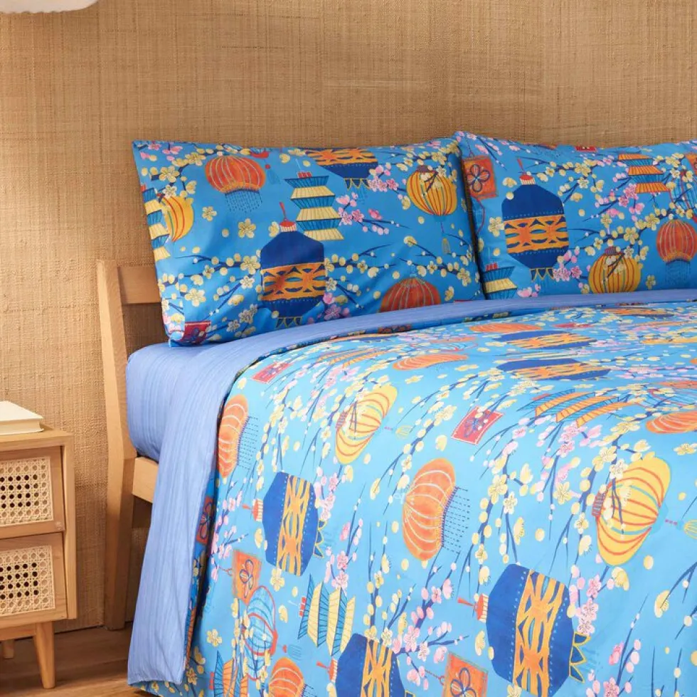Bassetti completo copripiumino matrimoniale Koyoto azzurro doubleface