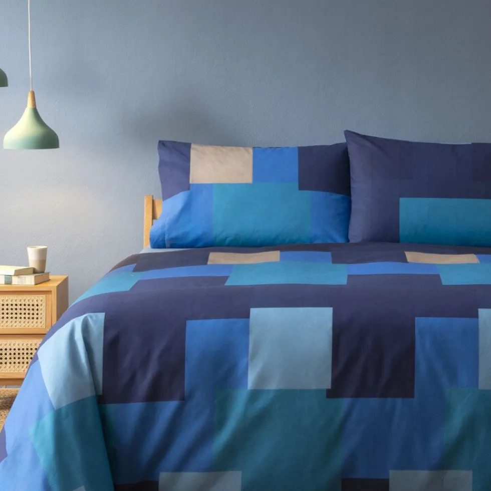 BASSETTI | Completo copripiumone Brick Wall B1 blu piazza e mezza