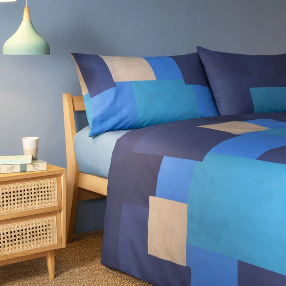 BASSETTI | Completo copripiumone Brick Wall B1 blu piazza e mezza
