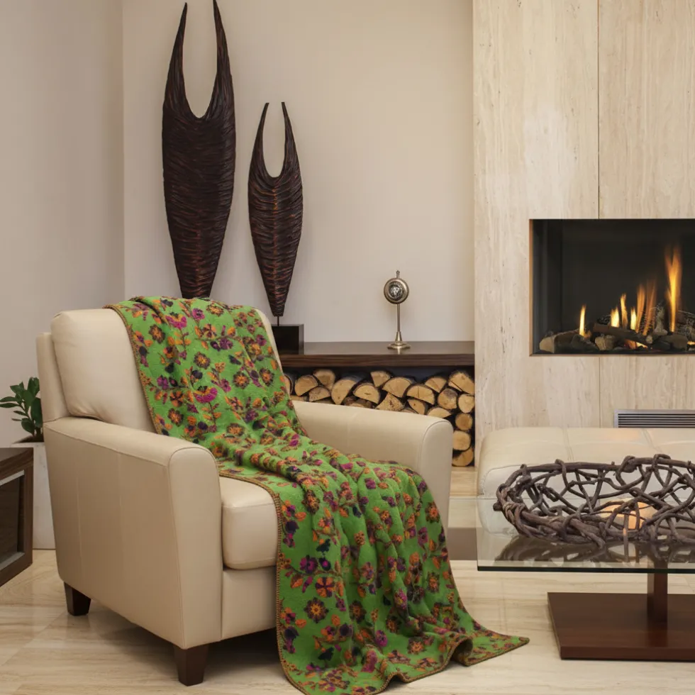 Caldo Plaid in Lana Cotta 150x170 motivo floreale fondo verde erba