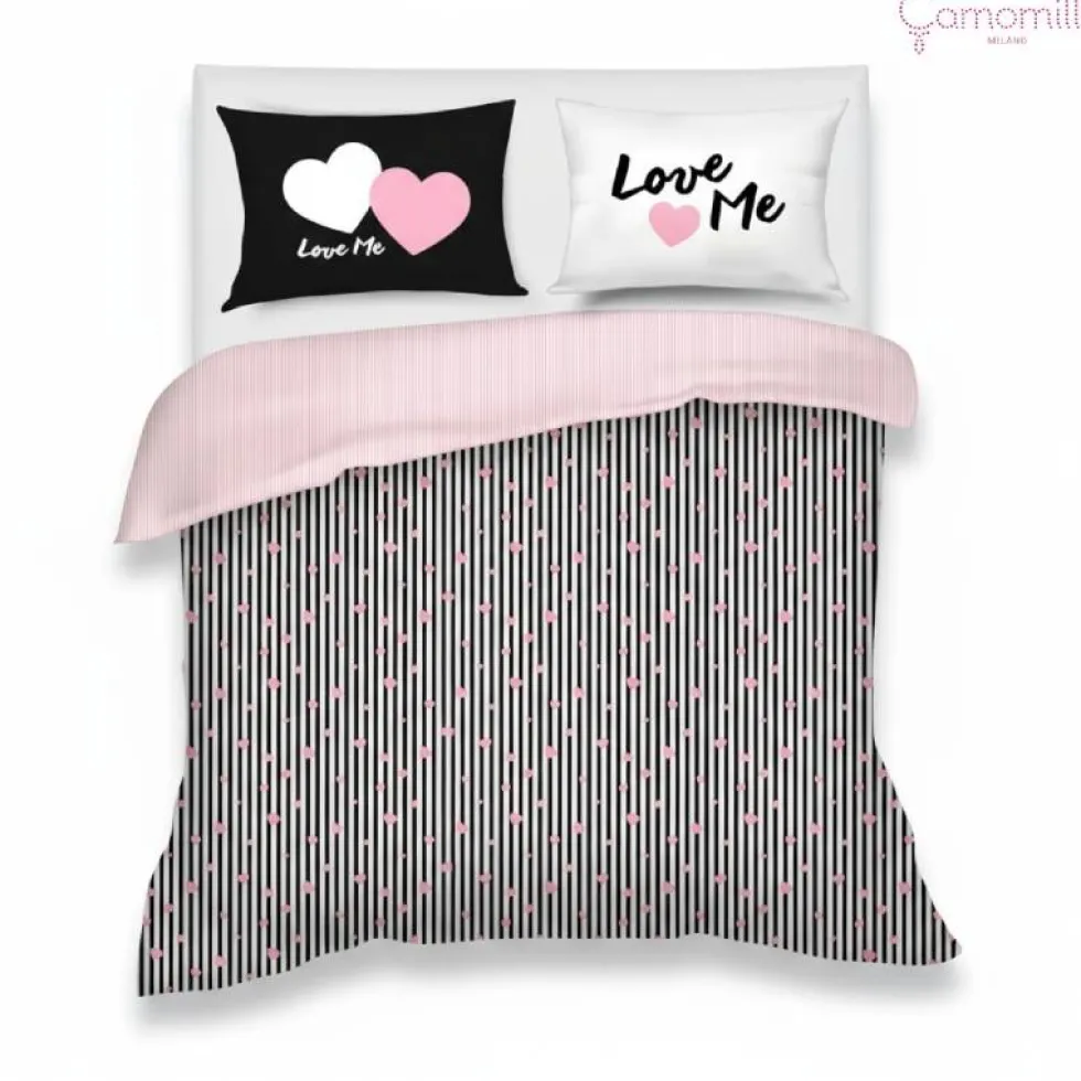Completo copripiumino in raso Camomilla Love Power righe bianco-nero