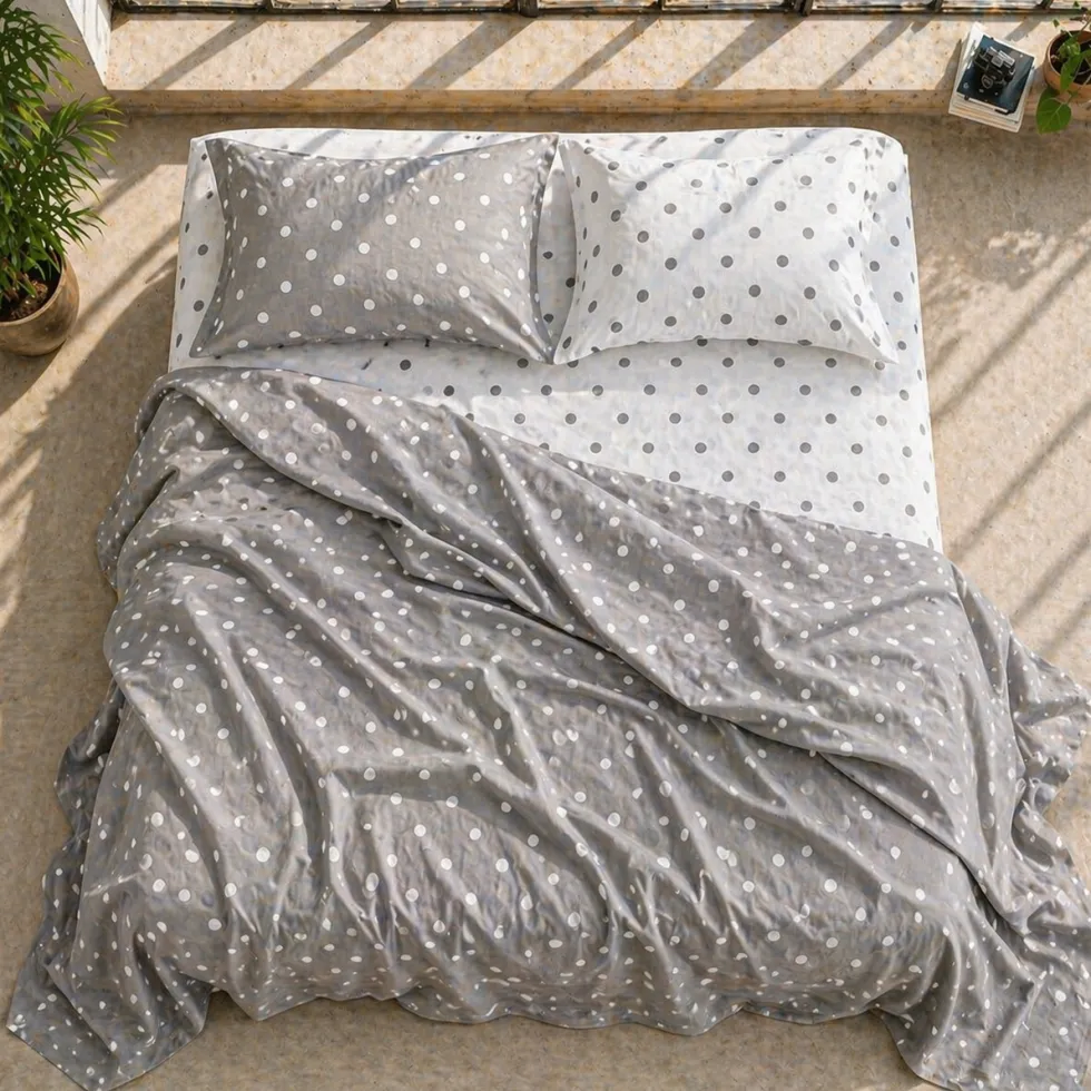 Completo lenzuola-copriletto Matrimoniale 100% cotone | Pois grigio