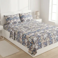 Completo lenzuola matrimoniali Flanella CIRIL fiori azzurri