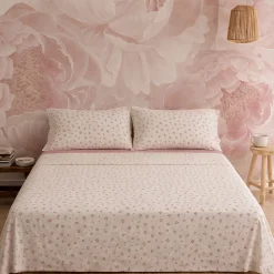 Completo Lenzuola Matrimoniale in Cotone Fiorellini di Campo Rosa Fondo Bianco