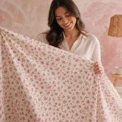Completo Lenzuola Matrimoniale in Cotone Fiorellini Rosa Fondo Bianco