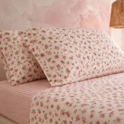 Completo Lenzuola Matrimoniale in Cotone Fiorellini Rosa Fondo Bianco