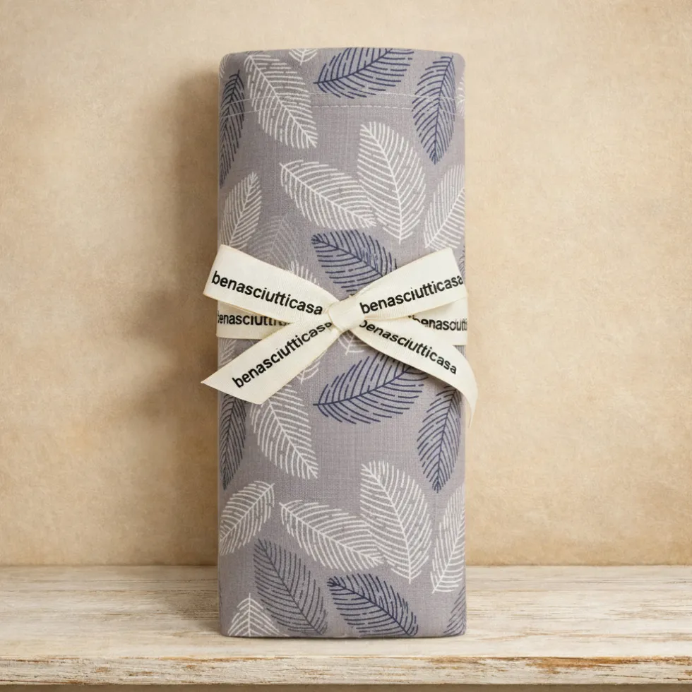 Completo Lenzuola Matrimoniali Morbido Cotone Foliage grigio-blu