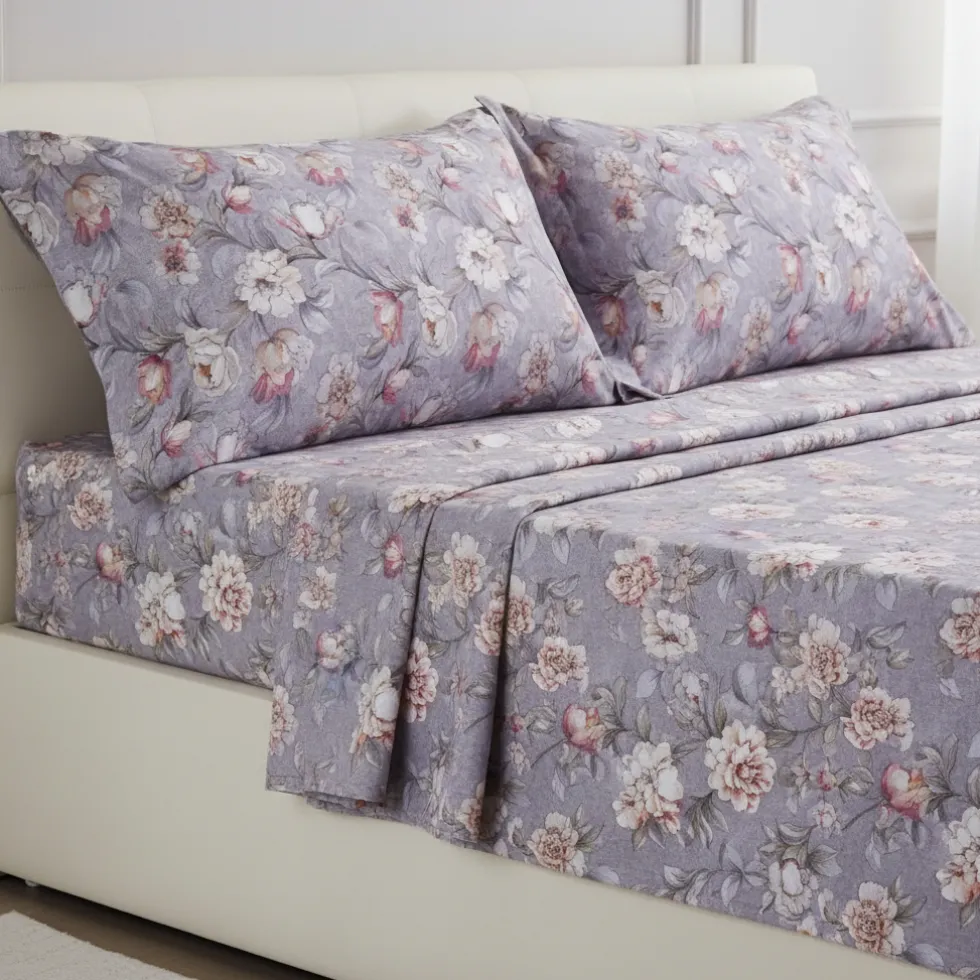 Completo lenzuola matrimoniali puro cotone ISOLDE floreale grigio