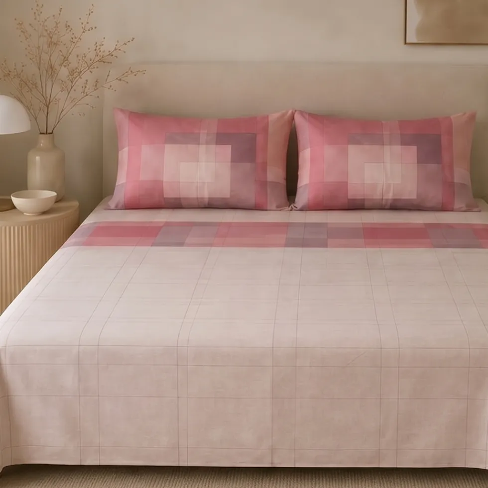Completo lenzuola matrimoniali in cotone Gabel Square rosa