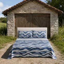 Completo Lenzuola Matrimoniale Enrico Coveri Onde Blu Perla in Percalle di Cotone