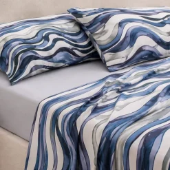 Completo Lenzuola Matrimoniale Enrico Coveri Onde Blu Perla in Percalle di Cotone