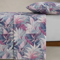 Completo Lenzuola 100% Percalle LEDA Foliage malva matrimoniale