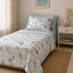 Completo Lenzuola singole 100% cotone Fantasia Marina blu