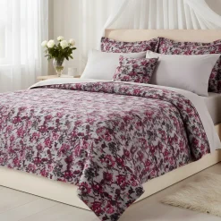 Coperta matrimoniale Lana Cotta floreale porpora fondo grigio 250x205