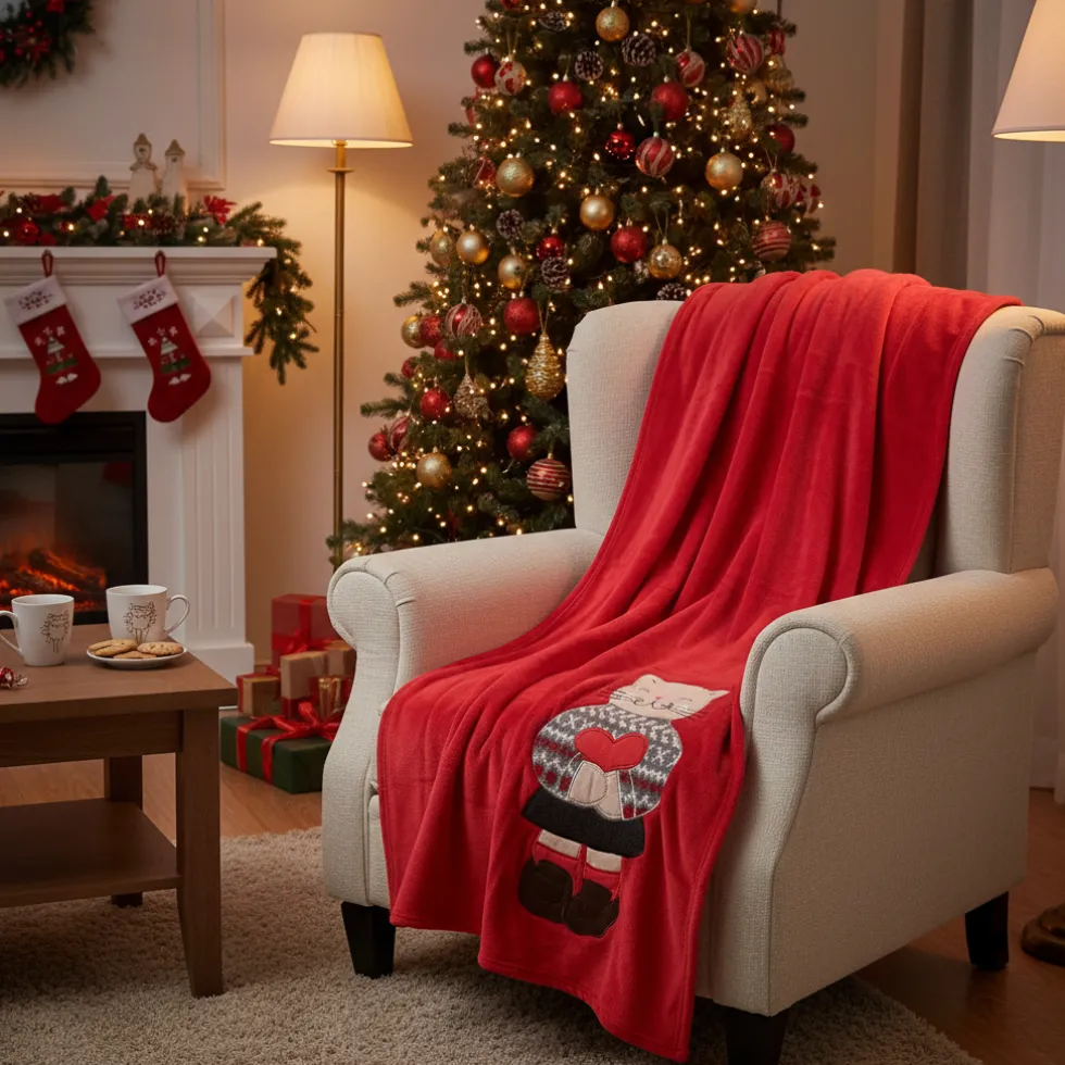 Coperta plaid da divano 130x160 con ricamo Gatto Miao fondo rosso