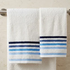 Coppia Asciugamani 100% Spugna di cotone bianchi con Righe blu