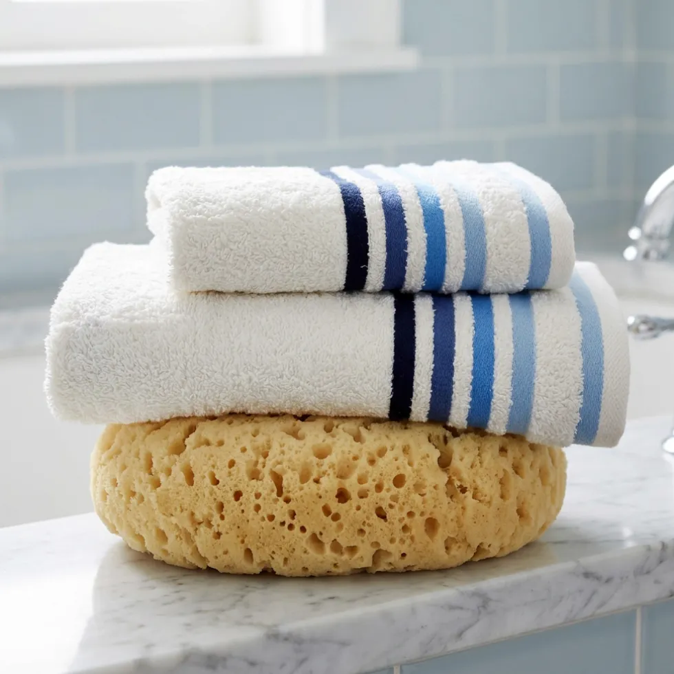 Coppia Asciugamani 100% Spugna di cotone bianchi con Righe blu