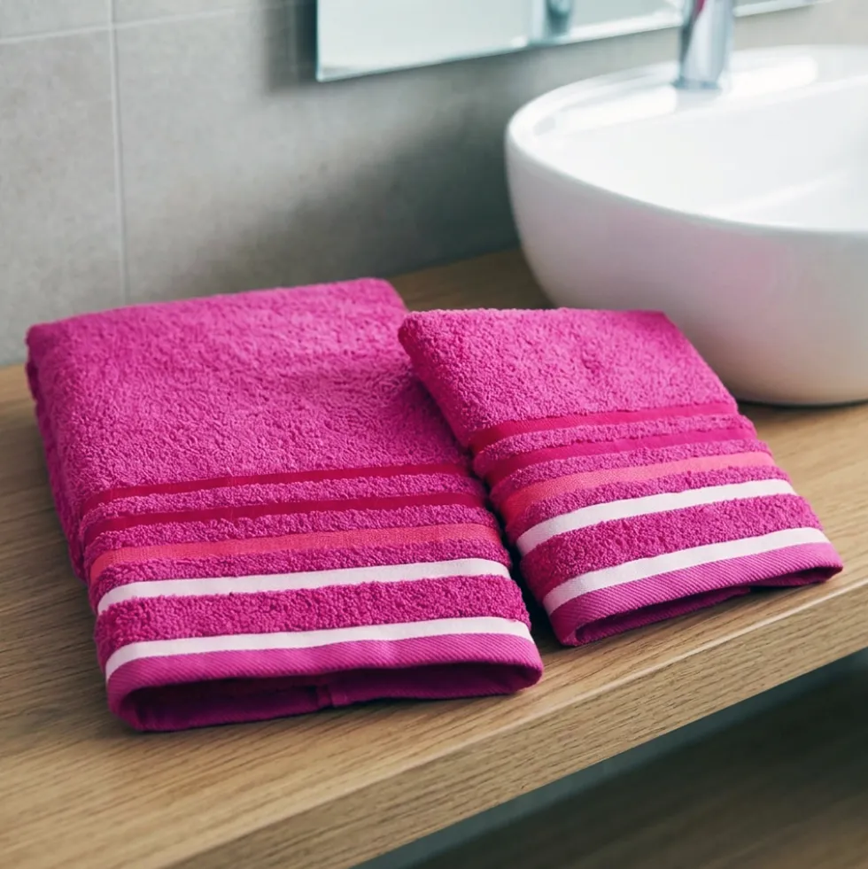 Coppia di asciugamani da bagno in spugna 480 gr fuxia a righe