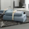 Coppia di asciugamani in spugna set 1+1 con bordo in lino bluette