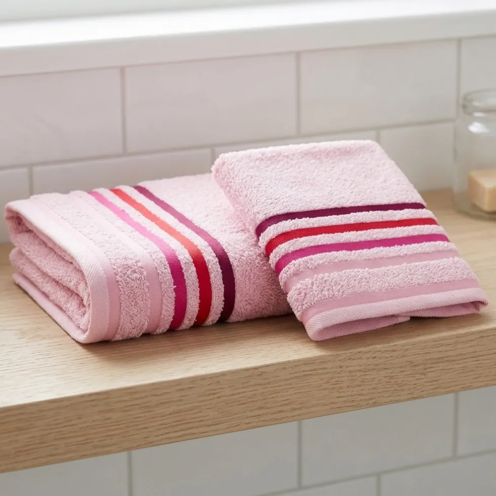 Coppia di spugne set 1+1 rosa confetto con righe 100% cotone