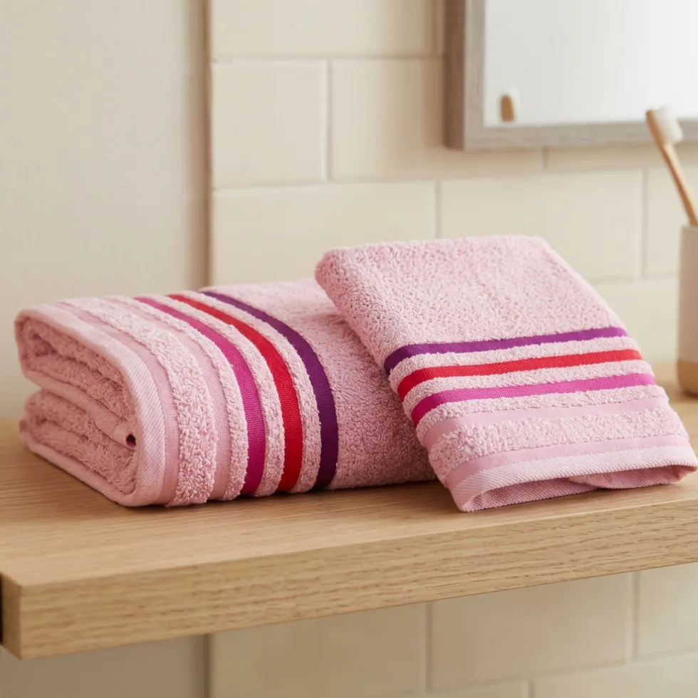 Coppia di spugne set 1+1 rosa confetto con righe 100% cotone