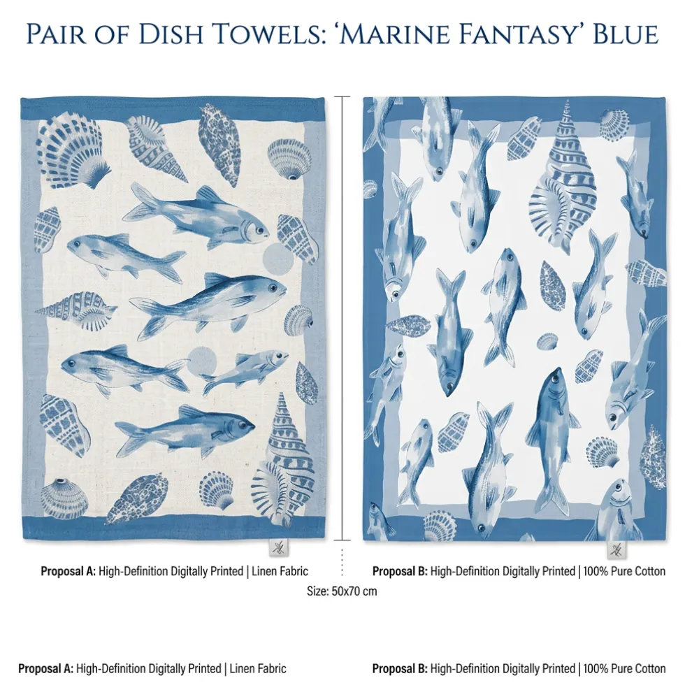 Coppia strofinacci da cucina Malè 100% cotone fantasia marina blu