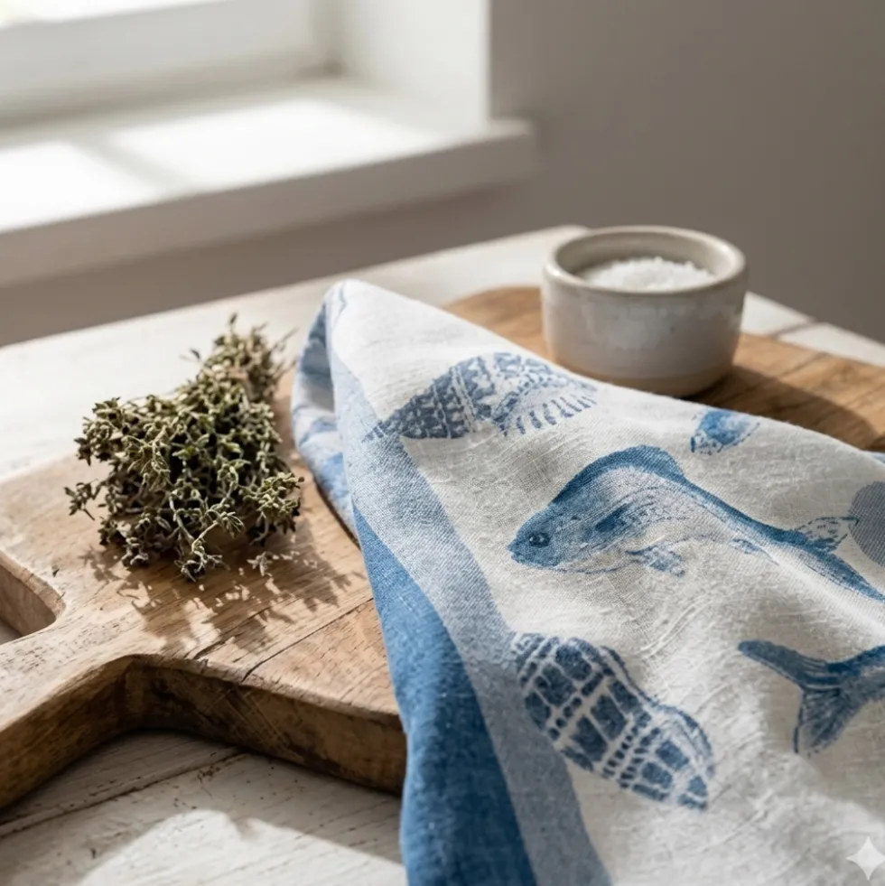 Coppia strofinacci da cucina Malè 100% cotone fantasia marina blu