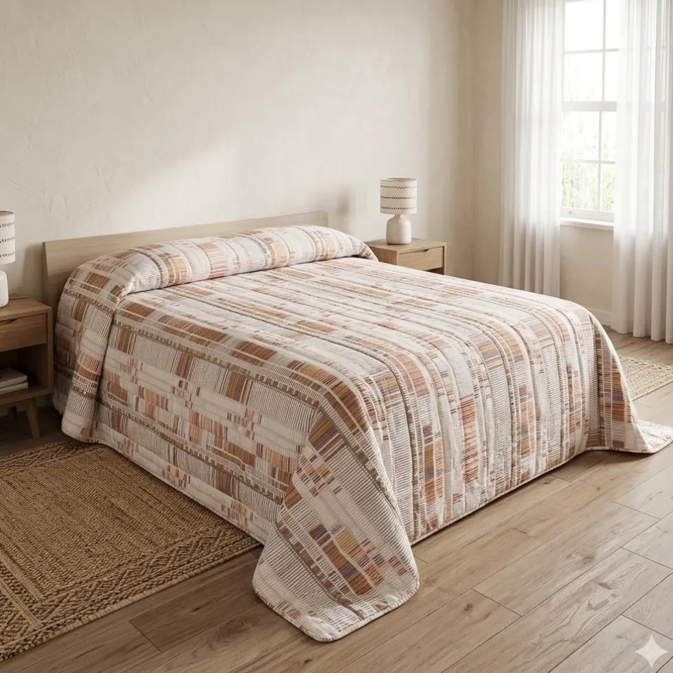 Copriletto primaverile matrimoniale in cotone Day Dream a righe toni caldi