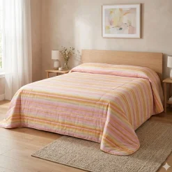 Copriletto primaverile matrimoniale in cotone Heritage 4044 righe rosa
