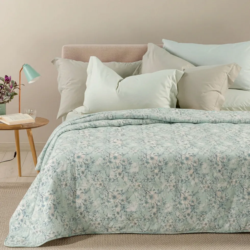 Copriletto primaverile matrimoniale in cotone Day Dream floreale acqua