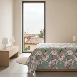 Copriletto Trapuntato anallergico ANDER 260x260 floreale verde acqua