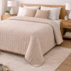 Copriletto Trapuntato Matrimoniale 260x260 Beige Effetto Lino Soft Touch