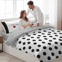 Copripiumino completo Camomilla in raso Mon Amour a pois black&white