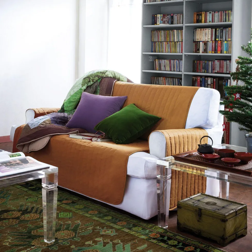 Copripoltrona trapuntato Caleffi Bicolor in cotone cognac