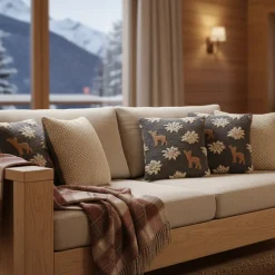 Cuscino in lana cotta 50x50 cervi e stelle alpine fondo antracite