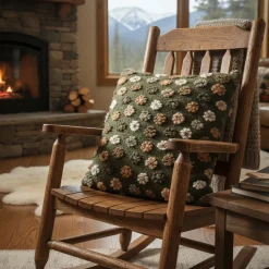 Cuscino in Lana Cotta 50x50 Margherite su Fondo Verde Loden Stile Tirolese
