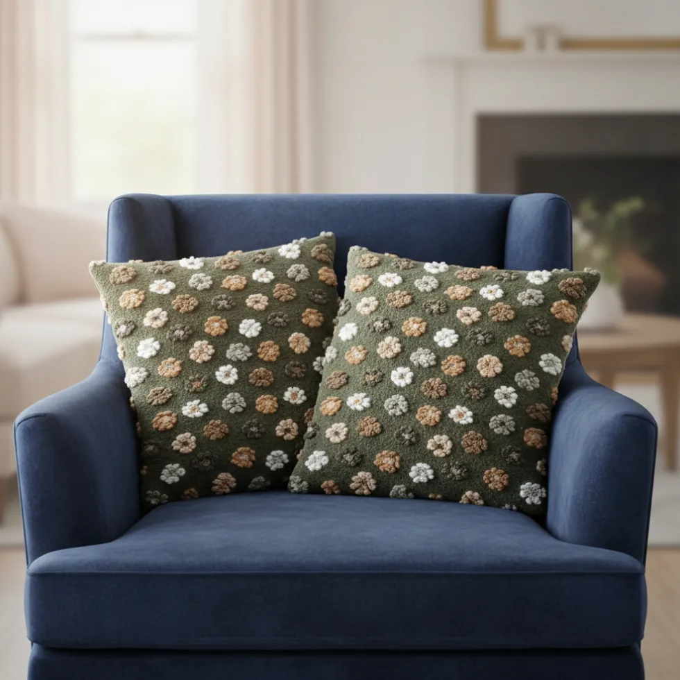 Cuscino in Lana Cotta 50x50 Margherite su Fondo Verde Loden Stile Tirolese