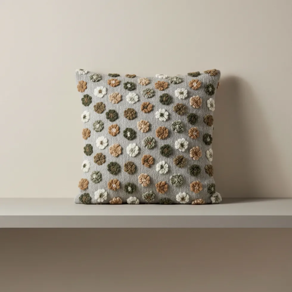 Cuscino in Lana Cotta 50x50 Margherite verdi su Fondo Grigio Stile Naturale