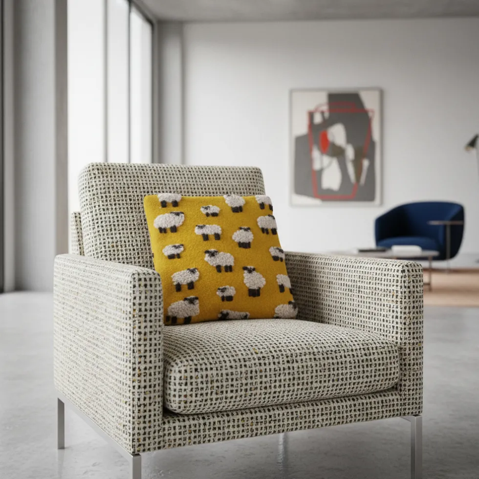 Cuscino in Lana Cotta 50x50 Pecorelle su Fondo Giallo Senape - Stile Chalet