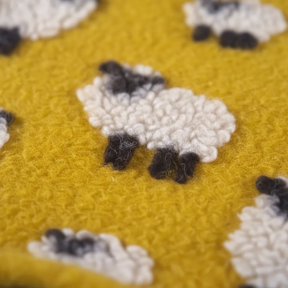 Cuscino in Lana Cotta 50x50 Pecorelle su Fondo Giallo Senape - Stile Chalet