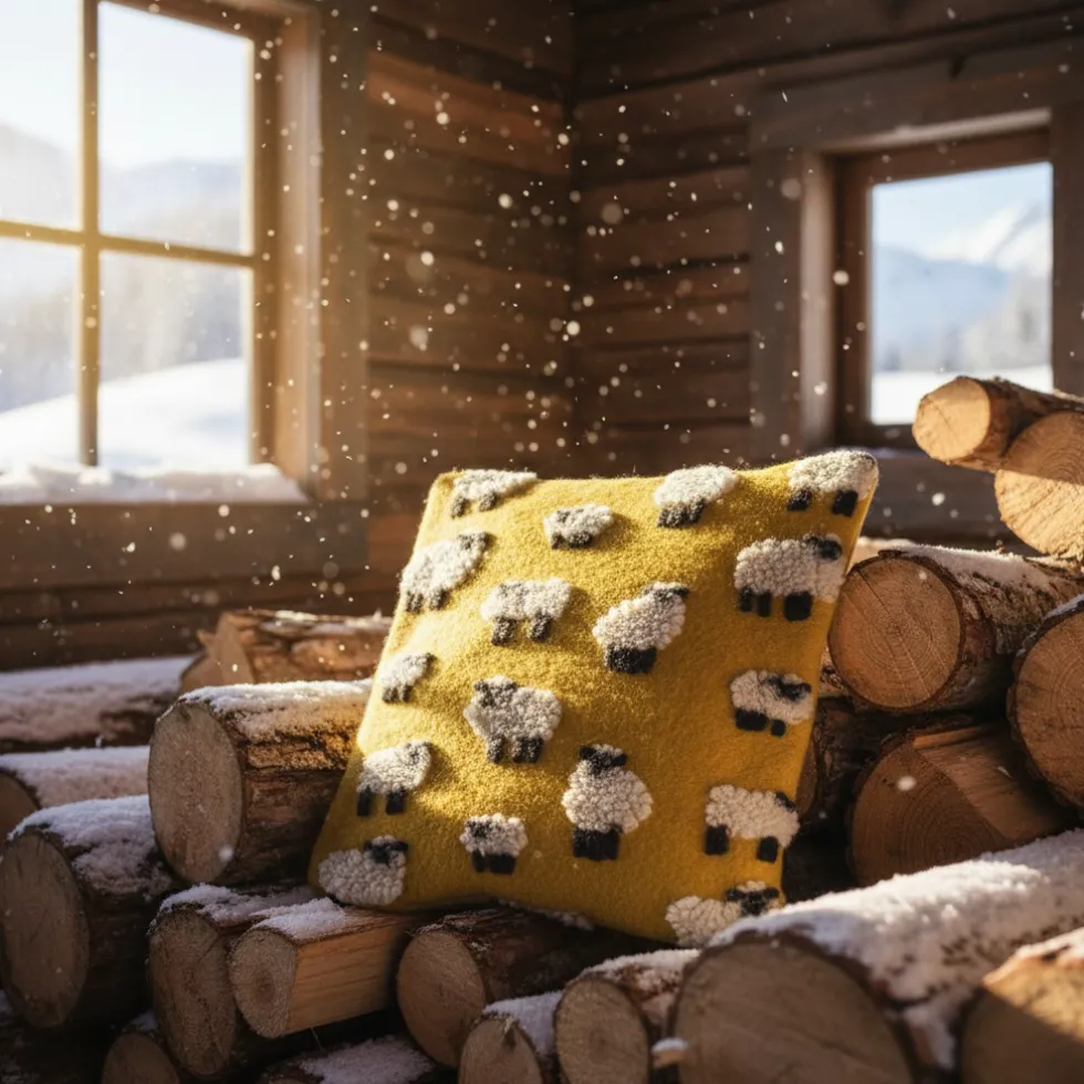 Cuscino in Lana Cotta 50x50 Pecorelle su Fondo Giallo Senape - Stile Chalet