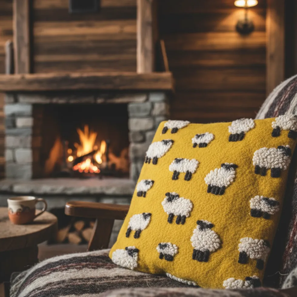 Cuscino in Lana Cotta 50x50 Pecorelle su Fondo Giallo Senape - Stile Chalet
