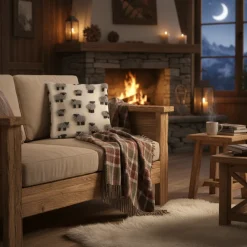 Cuscino in Lana Cotta 50x50 Pecorelle Grigie su Fondo Avorio Stile Chalet