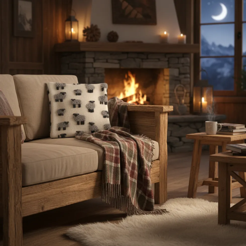Cuscino in Lana Cotta 50x50 Pecorelle Grigie su Fondo Avorio Stile Chalet
