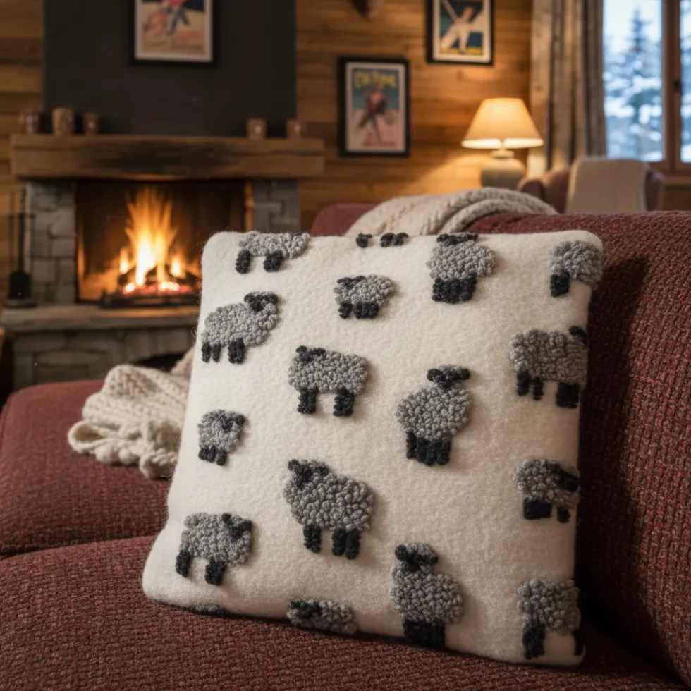 Cuscino in Lana Cotta 50x50 Pecorelle Grigie su Fondo Avorio Stile Chalet