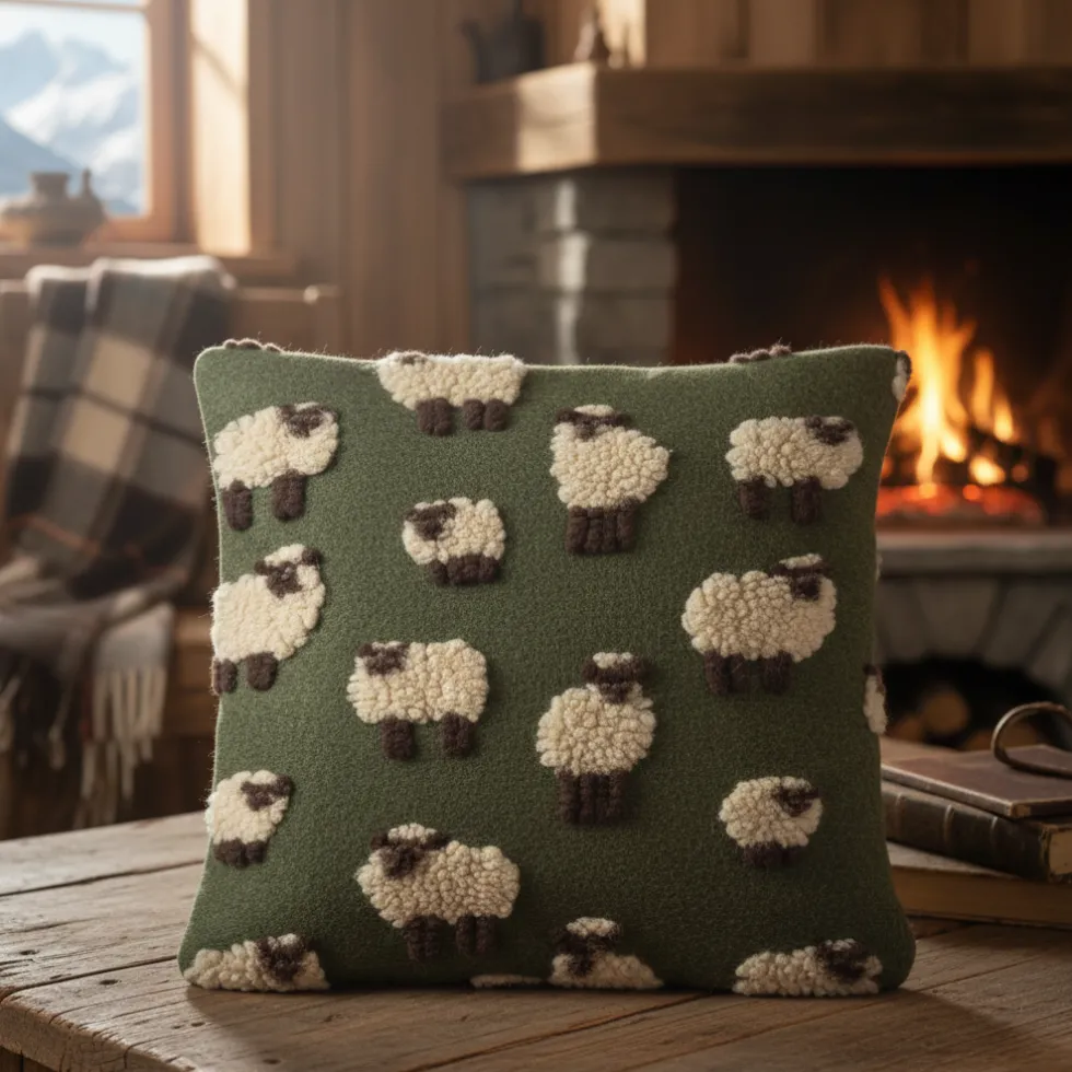 Cuscino in Lana Cotta 50x50 Pecorelle su Fondo Verde Stile Montagna