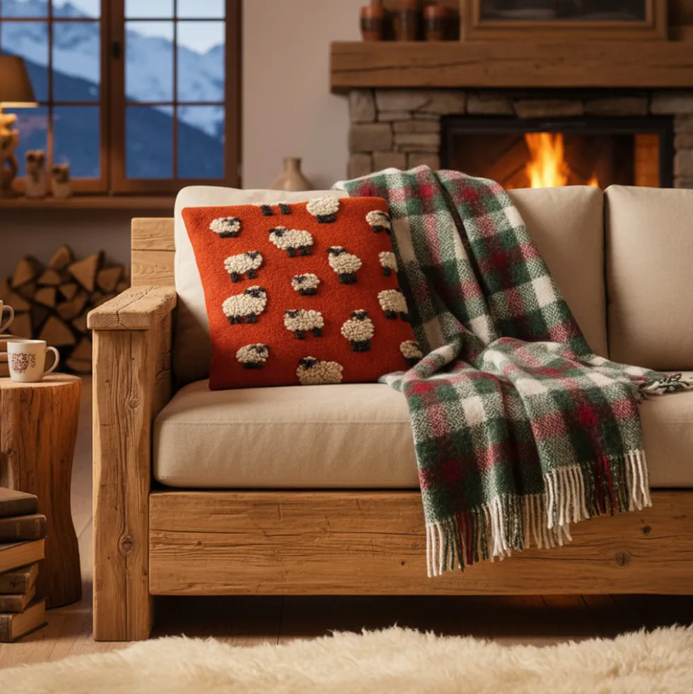 Cuscino in Lana Cotta 50x50 Pecorelle su Fondo Ruggine Stile Montagna